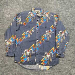 Rodeo Active Mens Blue Neon Lightning Steer Skull Western‎ Button Down Shirt M